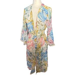 Dizzy Gal Womens Sheer Floral Print Kimono Robe Tie Waist Bell Sleeve